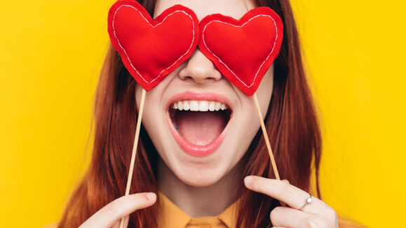 The,Woman,Opened,Her,Mouth,In,Delight,,Eyes,Hearts,,Bright
